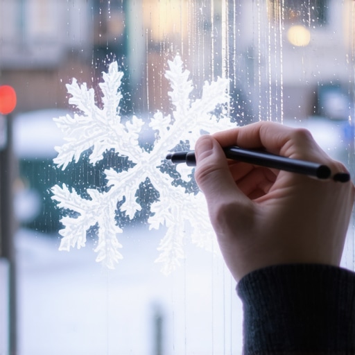 Detaljan prikaz crtanja prazničnih dekoracija na prozoru belim tečnim kreda markerom