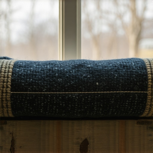 Ručno rađena izolacija za prozore od vunenog džempera i farmerki na drvenom prozoru