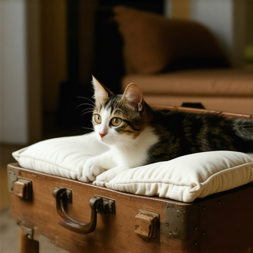 Završen DIY projekat kreveta za mačku napravljenog od starog vintage kofera sa drvenim nogarima