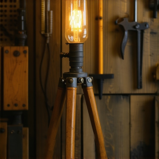 Unikatna podna lampa napravljena od starog metalnog foto stativa sa Edison sijalicom u radionici.