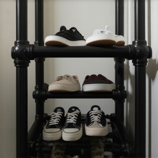 DIY PVC Shoe Rack Construction A narrow black shoe rack made from PVC pipes standing in a hallway.