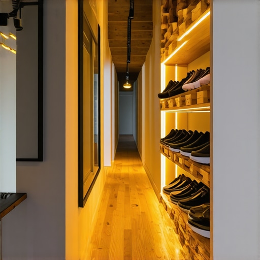 Uski hodnik vizuelno proširen velikim ogledalom i uskim drvenim policama