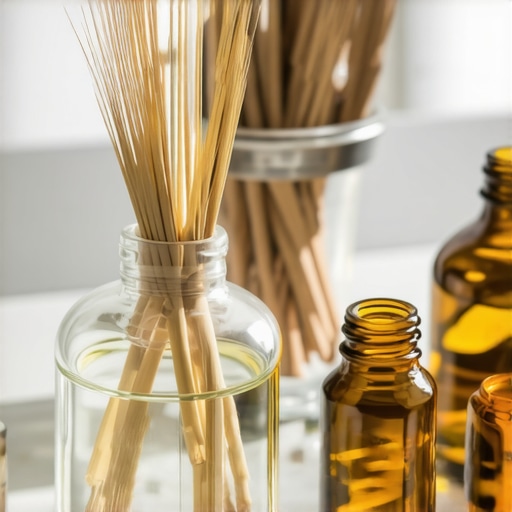 Ručno pravljeni difuzer sa štapićima od ratana i eteričnim uljima na drvenom stolu