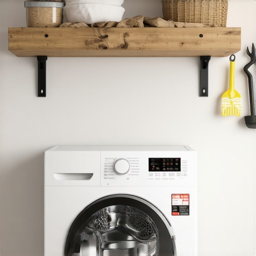 Robustna drvena polica montirana iznad mašine za veš u kupatilu