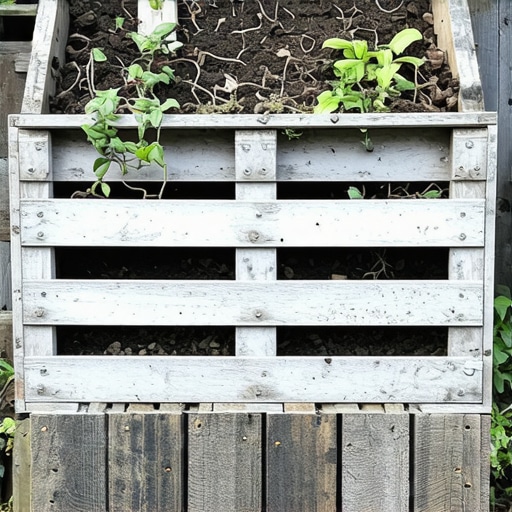 DIY drveni kompostnik od recikliranih paleta u bašti Ručno napravljen kompostnik od starih drvenih paleta ispunjen organskim materijalom u zelenom dvorištu