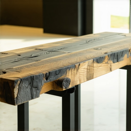 Masivna drvena klupa sa metalnim nogama u hodniku