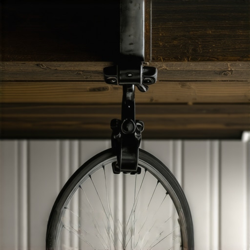 Čelični nosač bicikla montiran u drvenu gredu plafona