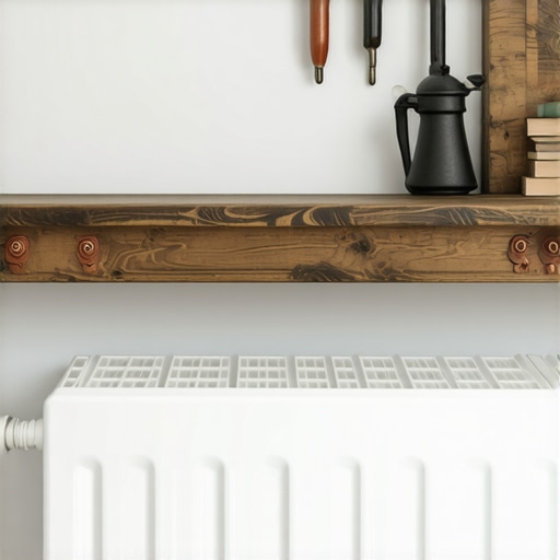 DIY polica iznad radijatora od punog drveta Detaljan prikaz drvene police iznad radijatora sa pravilnim razmakom za protok vazduha
