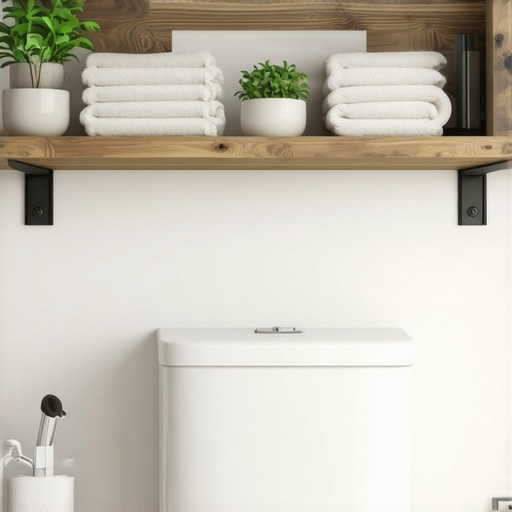 Rustične drvene police postavljene u kupatilu iznad vodokotlića
