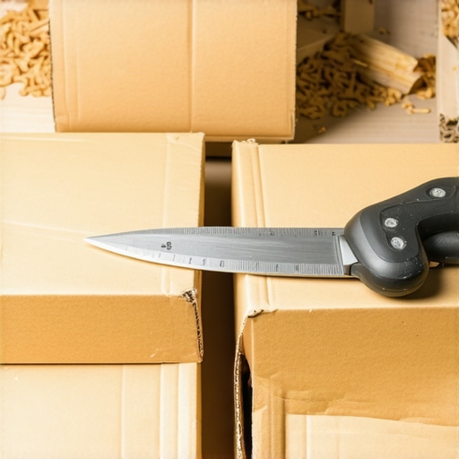 Rezanje kartonskih kutija skalpelom na drvenom stolu za DIY organizator