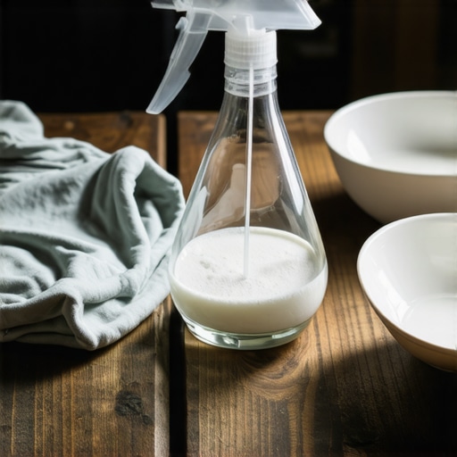 Domaće sredstvo za pranje prozora u staklenoj boci na radnom stolu