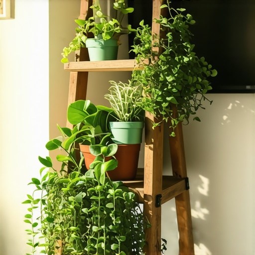 Starinske drvene merdevine sa saksijama cveća u modernom stanu