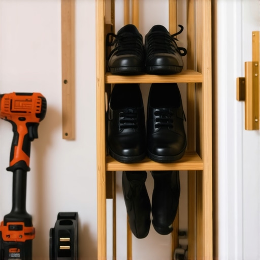 Detaljan prikaz uske drvene police za cipele u malom hodniku
