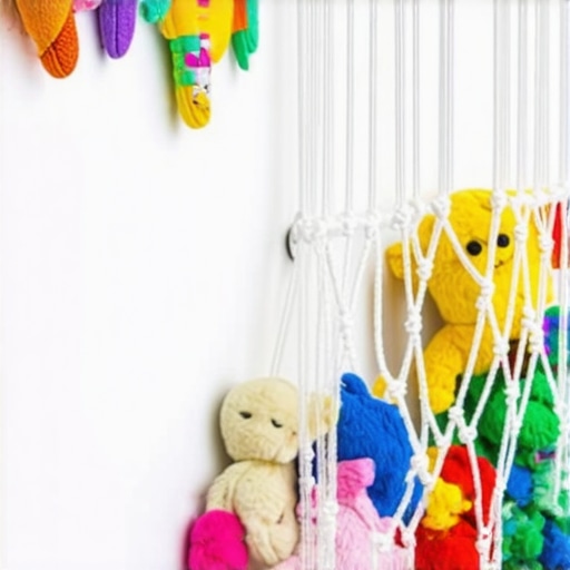 Ručno rađena zidna mreža za odlaganje dečijih igračaka napravljena od čvrstog kanapa i kuka