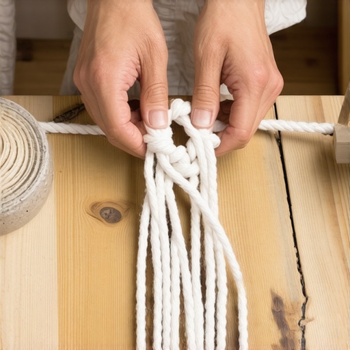 Ruke majstora kako vezuju čvrst makrame čvor od pamučnog kanapa