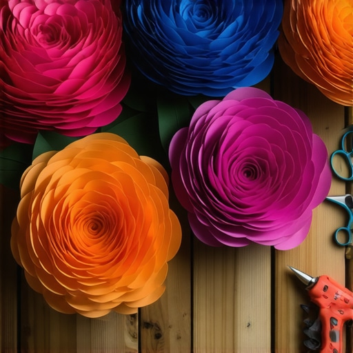 Veliki cvetovi od krep papira u raznim bojama na drvenoj podlozi sa DIY alatom