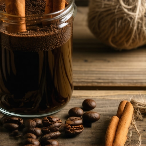 Rustična tegla sa kafom i cimetom na drvenom stolu