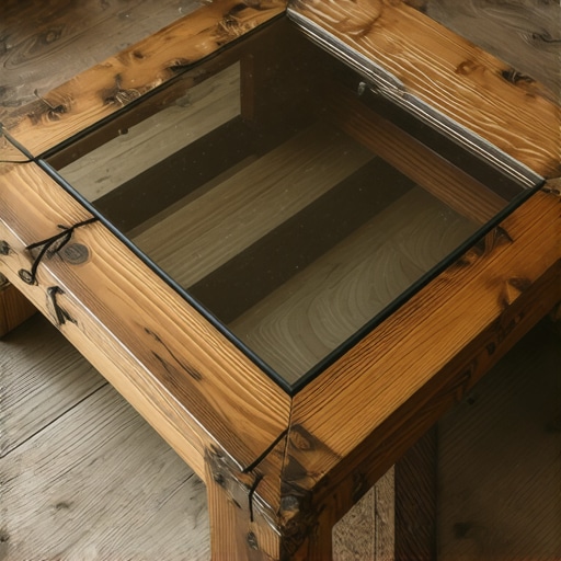 Rustični stočić od starih greda sa staklenom pločom u enterijeru