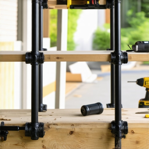 Detalj spoja PVC cevi i drvene daske na DIY polici