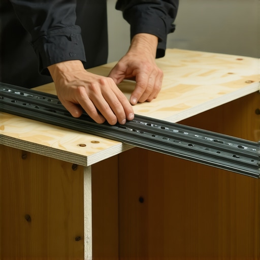 Ručna montaža metalnih šina unutar kuhinjskog elementa za DIY sto.