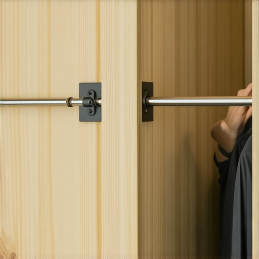 Detaljan prikaz montiranja čelične šipke i nosača u drveni garderober