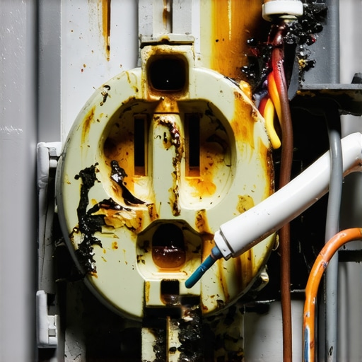 Izgoreli kontakti unutar utičnice Prikaz oštećenih žica i otopljene plastike unutar zidne utičnice zbog labavih kontakata.