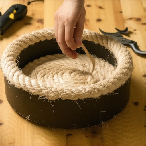 Ručno pletenje kreveta za mačku sisal kanapom na drvenoj podlozi