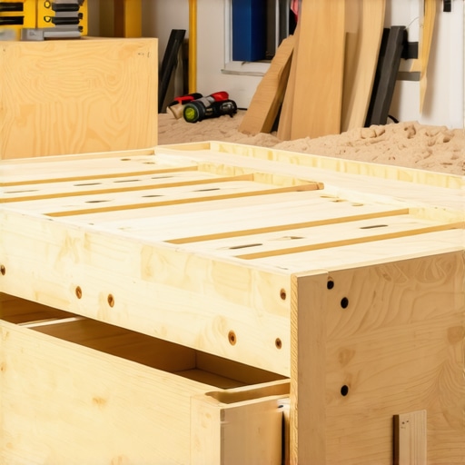 Konstrukcija kreveta sa fiokama od šperploče Detaljan prikaz unutrašnje konstrukcije DIY kreveta sa fiokama i klizačima