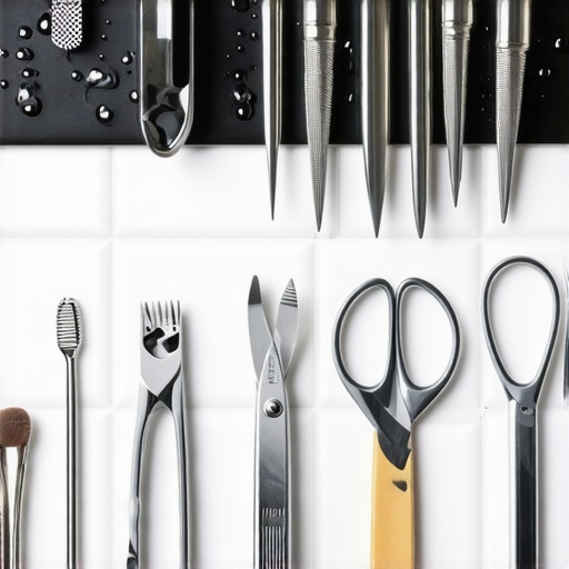 Magnetna traka na belim pločicama drži pincetu, makazice i grickalicu za nokte