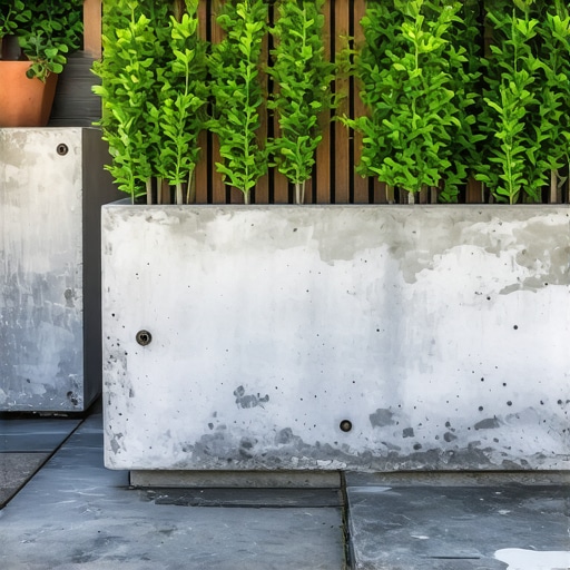 Moderna betonska žardinjera sa drvenim letvicama Ručno rađena žardinjera od betona i drveta u bašti