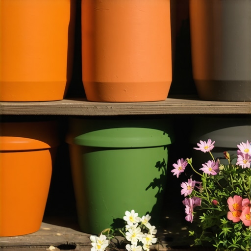 Moderno ofarbane mat saksije na drvenoj klupi Kolekcija saksija ofarbanih u mat nijanse za prolećnu dekoraciju terase