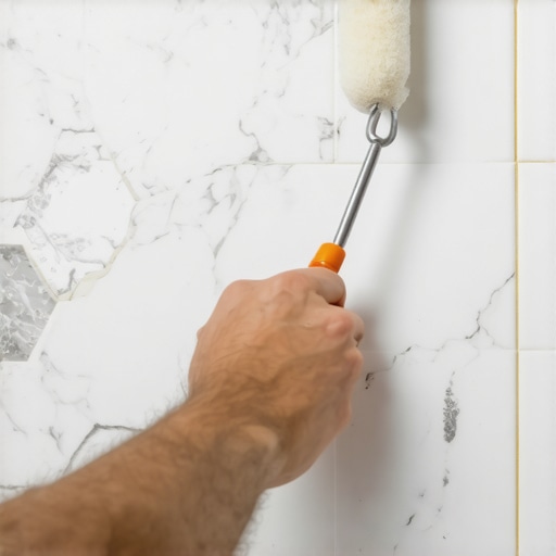 Postavljanje 3D samolepljivih pločica u kuhinji pomoću valjka za maksimalno prijanjanje