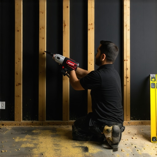 Čovek postavlja drvene letvice na crni zid pomoću pištolja za eksere
