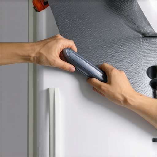 Osoba lepi samolepljivu foliju na vrata frižidera koristeći špatulu