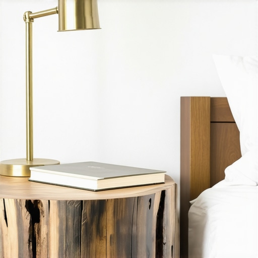 Noćni stočić od hrastovog panja u spavaćoj sobi Ručno izrađen noćni stočić od prirodnog drveta sa lampom i knjigom