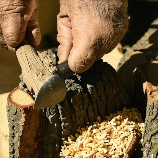 Majstor skida koru sa hrastovog panja pomoću dleta u radionici
