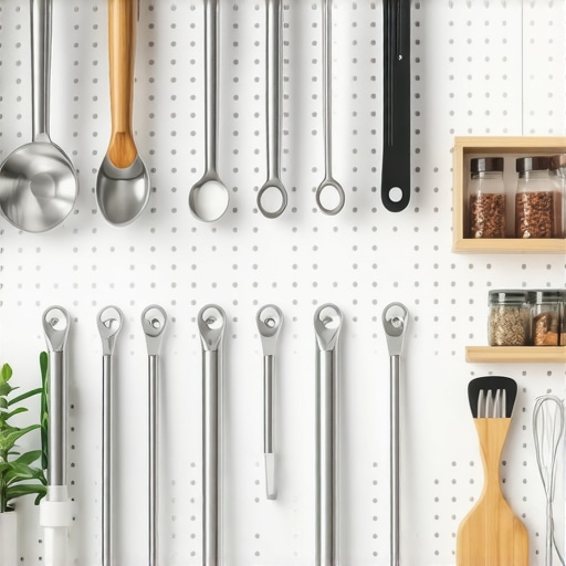 Organizovana perforirana ploča u modernoj kuhinji Zidni organizator tipa perforirana ploča sa kuhinjskim priborom i biljkama