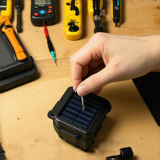 Popravka senzora solarne lampe Ruke majstora koji popravlja unutrašnjost senzora solarne lampe na radnom stolu