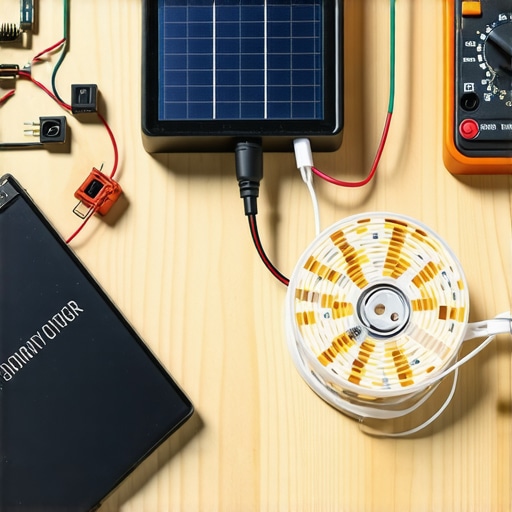 Solarni kontroler punjenja povezan na bateriju i LED trake na majstorskom stolu