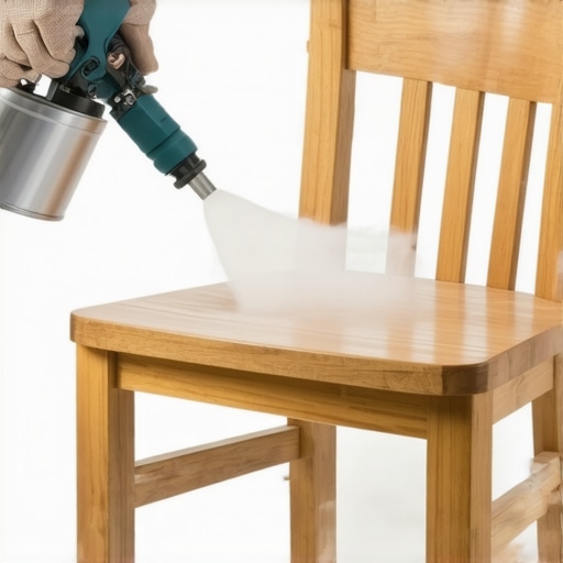 Osoba koristi nastavak za sprej kako bi postigla ujednačen sloj boje na drvenom nameštaju.