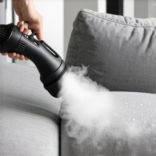 Pravilno korišćenje paročistača na sofi Čišćenje sive sofe paročistačem izbliza sa vidljivom parom