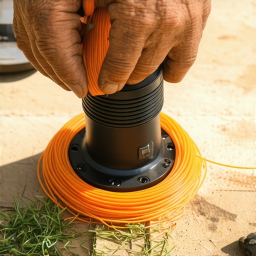 Pravilno namotavanje strune na glavu trimera Close up of hands replacing trimmer line in a workshop environment