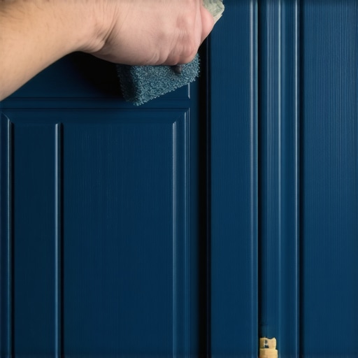 Osoba farba kuhinjski front tamno plavom bojom pomoću sunđerastog valjka