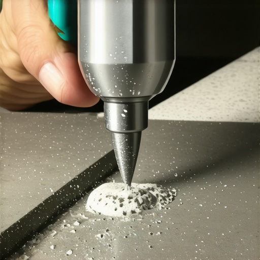 Pravilno započinjanje bušenja granitne pločice pod uglom Dijamantska kruna buši sivu granitnu pločicu uz hlađenje vodom