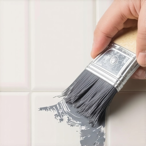 Osoba koristi malu četkicu za nanošenje tamno sive boje na fuge kupatilskih pločica