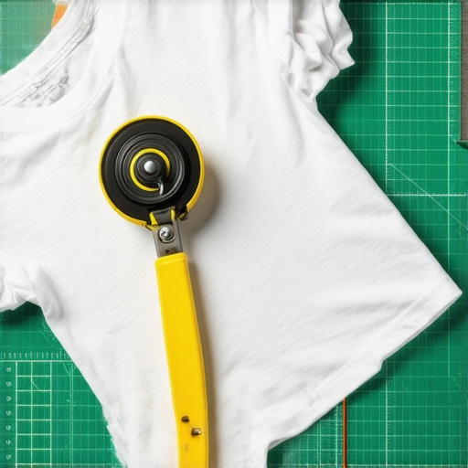 Rotacioni sekač koji precizno seče staru pamučnu majicu na zelenoj podlozi za sečenje