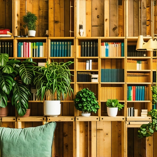 DIY pregradni zid od drvenih gajbi sa knjigama i biljkama