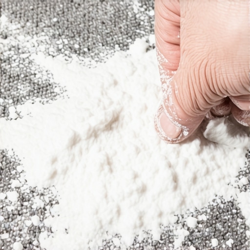 Primena kukuruznog skroba na fleku na tepihu Kukuruzni skrob posut preko masne fleke na tepihu za dubinsko čišćenje