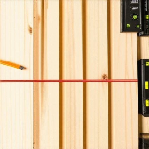 Priprema drvenih letvica za montazu na zid uz laser Precizno merenje drvenih letvica za zidni dekor pomocu lasera i libele