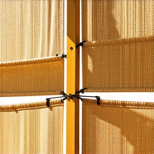 Bliski prikaz trske i platna na terasi sa žičanim zatezačima